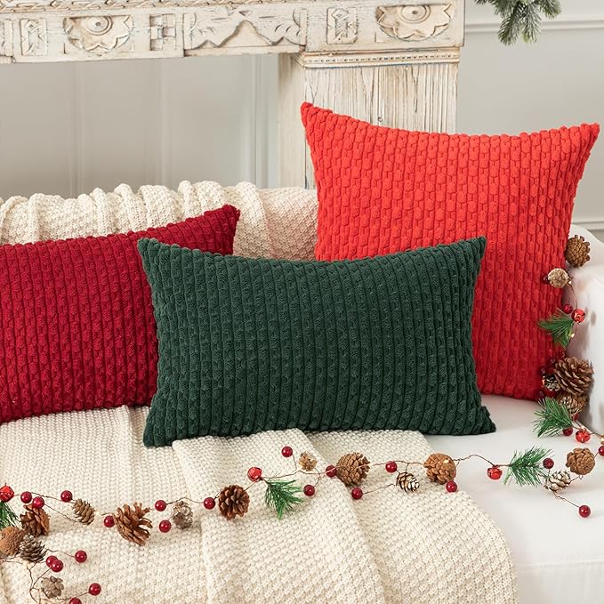 Kevin Textile 12x24 Inch Pillow Cover 1 Pack Boho Christmas Decorative Soft Striped Corduroy Lumbar Farmhouse Color Accent Rectangle Cushion Case for Living Room Couch Sofa Bed, Army Green