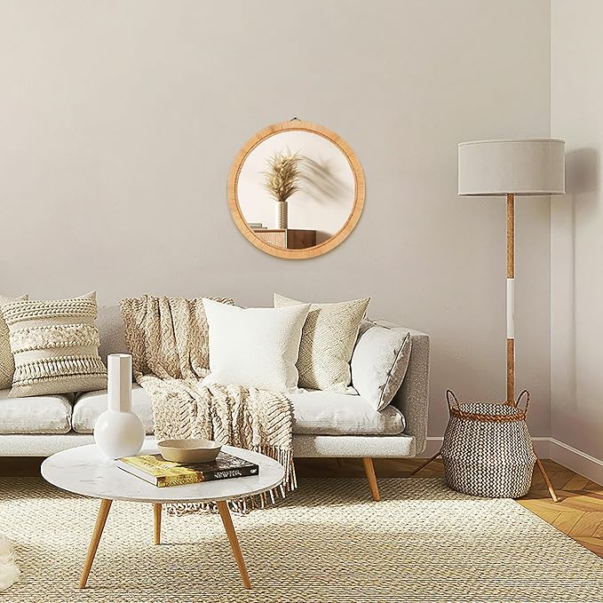 Rattan Wall Mirror - 20" Boho Round Bathroom Mirror Decorative Farmhouse Circle Mirror for Vanity Entryway Living Room Wall Decor