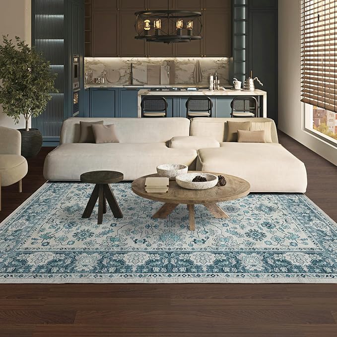Area Rug 4×6, Vintage Boho Rug,Ultra-Soft Low Pile, Washable, Non Slip,Stain Resistant, Printed Carpet for Living Room Bedrooms Playroom Office Kitchen,Turquise/Cream