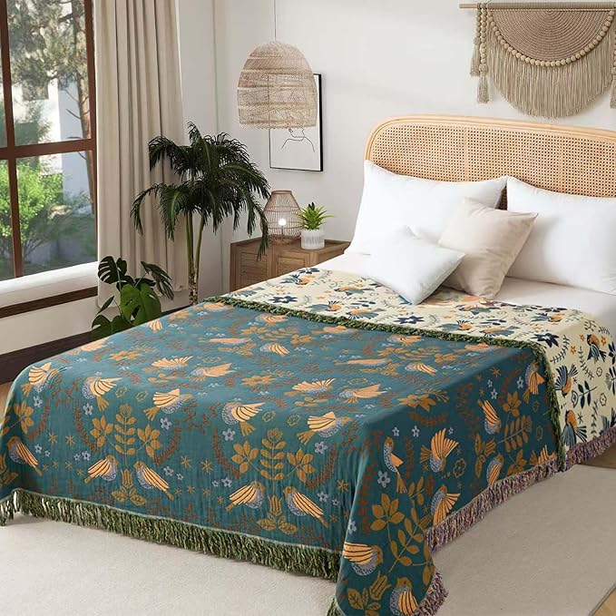 Boho Throw Blanket Throw Size, Soft Cozy Cotton Muslin Quilt Blanket for Bed Decor, Bird Patterned Couch Sofa Chair Cover, Vintage Farmhouse Cottage Tapestry Woven Blanket, Green&Beige