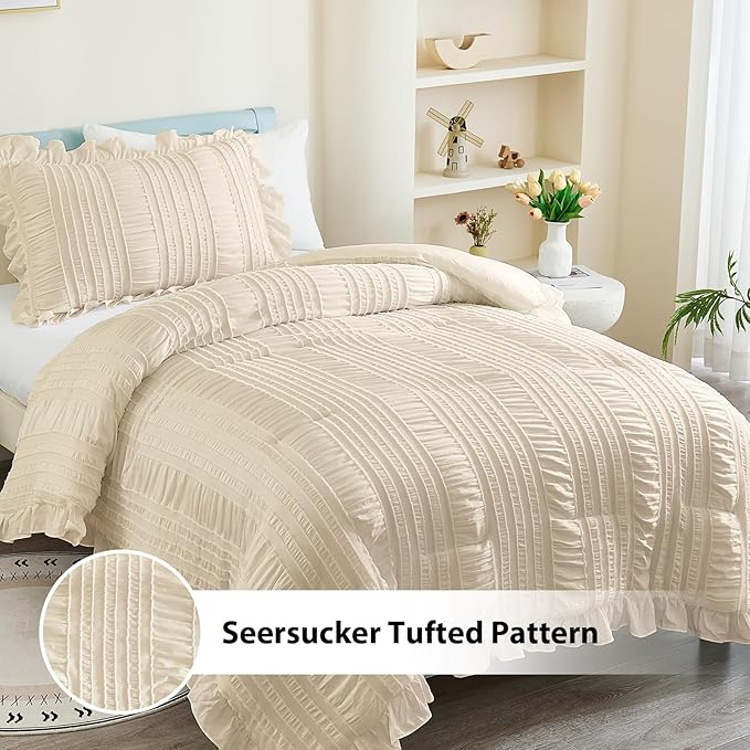 WONGS BEDDING Beige Comforter Set Full, 3 Pieces Ruffle Shabby Chic Comforter for Dorm Room Essentials for Full Bed, Soft Seersucker Bedding Set with 1 Comforter, 2 Tufted Pillowcases 90"×78"