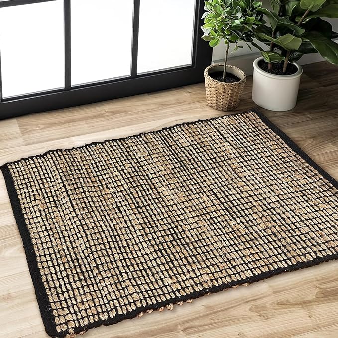 Chardin home 2x3 Jute Cotton Hand Woven Rug | Braided Doormat, Boho, Rustic, Natural Jute/Black | Farmhouse Vintage Area Rugs for Bedroom, Living Room, Kitchen, and entryways