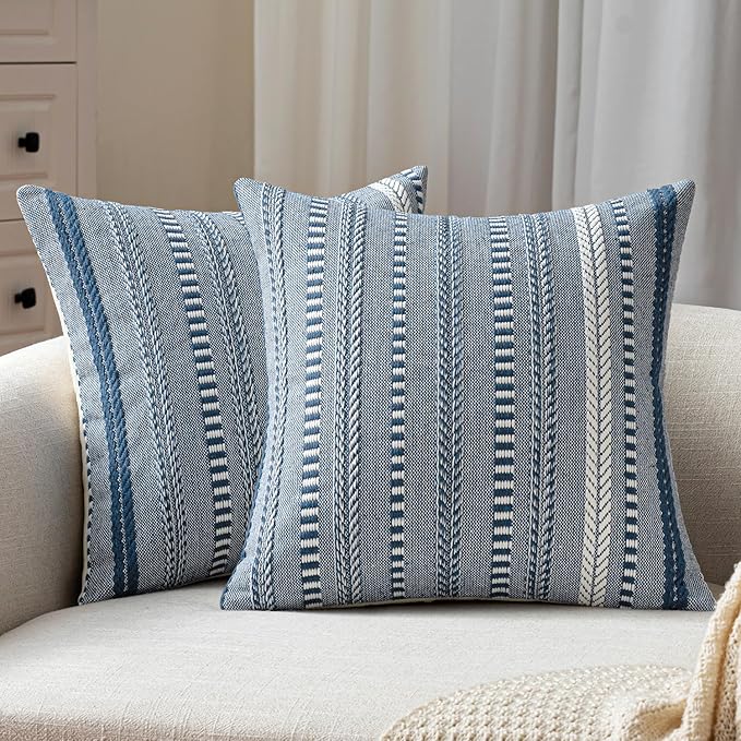 ANRODUO Pack of 2 Boho Throw Pillow Covers 24x24 Inch Farmhouse Decorative Couch Pillow Cases Jacquard Cushion Cover Neutral Accent Pillows of Bed Sofa Bedroom Living Room Home Decor, Navy Blue