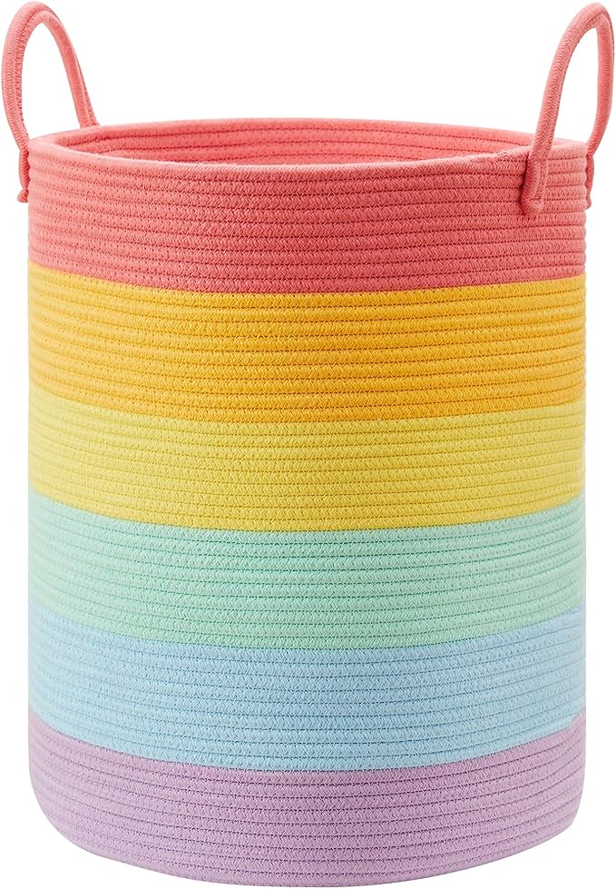 80 Large Rainbow Laundry Hamper Basket for Girls Kids Tall Unicorn Baby Nursery Hamper for Clothes Woven Roper Blanket Toy Basket in Living Room Playroom Bedroom 16"D x 22"H