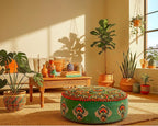 Mandala Life ART Green Round Velvet Pouf Cover - Soft Embroidered Ottoman Slipcover with Moroccan Design, 24 Inch Diameter, Ideal for Living Room, Bedroom, or Meditation Space - Floow Pillow Cushion
