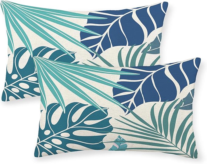 Tropical Pillow Covers 12x20 Set of 2 Navy Blue Aqua Teal Monstera Palm Leaf Pillowcase Summer Decorations Tropical Outdoor Throw Pillows Linen Decor Botanical Plant Cushion Case for Home Bed