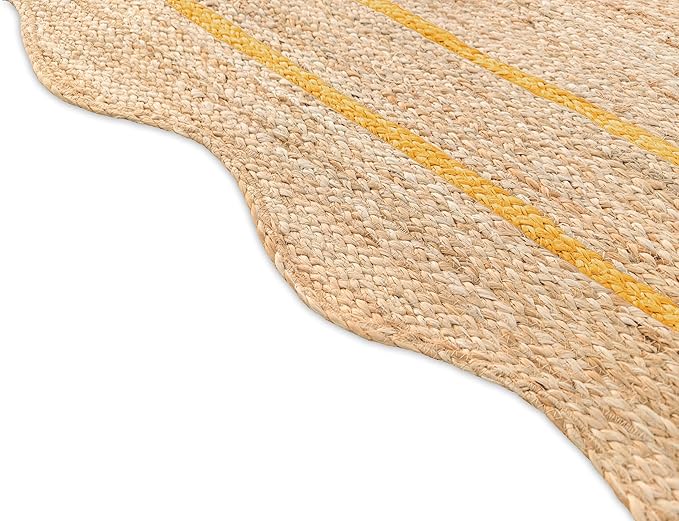 Wave Scalloped Natural Jute Rug Boho Jute Rug Entryway Runner Rug Farmhouse Scallop Rug, Yellow (5'x7')