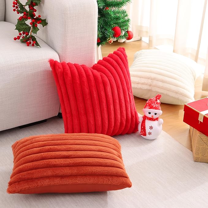 Pallene Faux Fur Plush Christmas Throw Pillow Covers 20x20 Set of 2, Luxury Soft Fluffy Striped Decorative Pillow Covers for Sofa, Couch, Living Room, Red