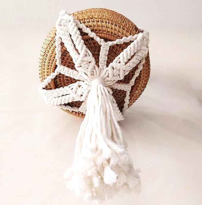Boho Hanging Rattan Basket - 8.7” Woven Plant Hanger for Dried Flowers & Greenery - Decorative Macrame Wall Basket for Indoor Home Decor - Handmade Wicker Storage for Farmhouse, Living Room