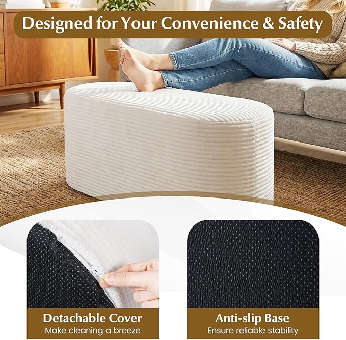 Giantex Stuffed Pouf Ottoman Bench, 47" Plush Corduroy End of Bed Bench with High-Density Sponge, Oval Ottoman Foot Rest for Living Room, Entryway, Hallway, Beige