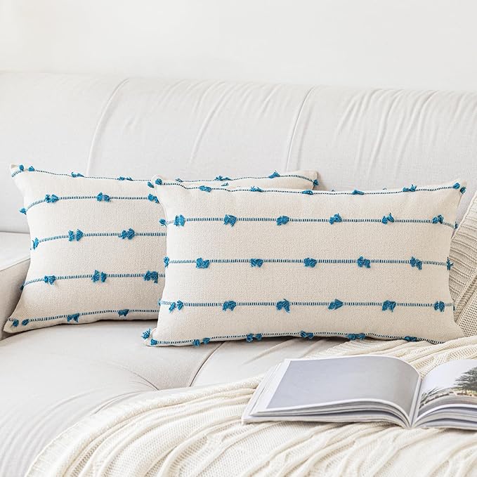 Boho Throw Pillow Covers 12x20 Set of 2 Modern Farmhouse Decorative Cushion Case Tufted Linen Square Pillows Cover Neutral Pillow Cases Accent Pillowcase for Sofa,Couch,Bed,Beige and Blue