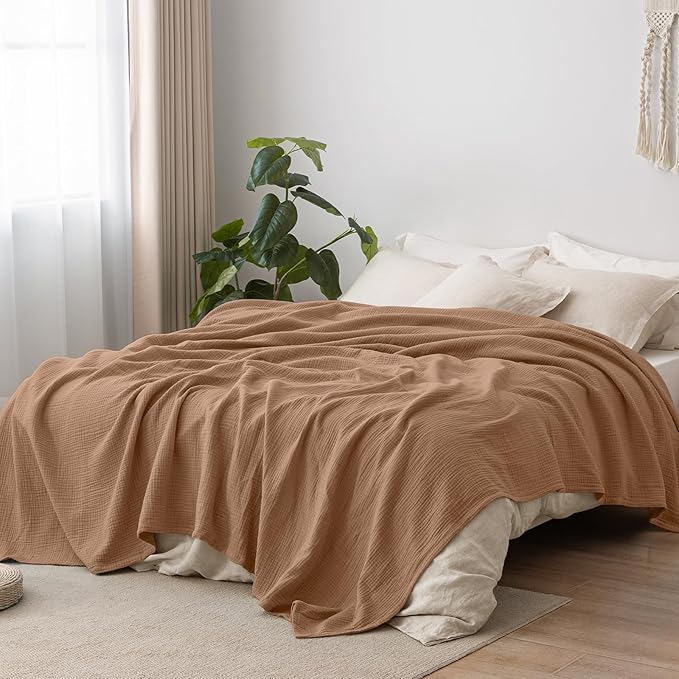PHF 100% Cotton Muslin Blanket Queen Size 90"x90", 4-Layer Lightweight Gauze Throw, Breathable Cloud-Soft Minimalist Blanket for Bed, Couch, Camping & Baby, Coco Brown, Ideal Gift