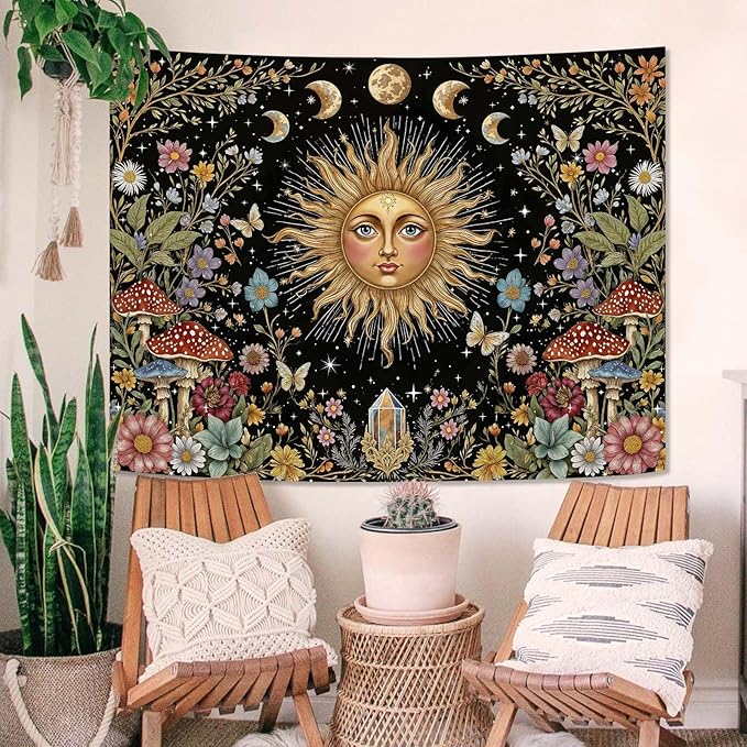 Aipon Boho Sun and Moon Tapestry Hippie Mushroom Floral Wall Tapestry for Bedroom Aesthetic Moon Phase Vintage Plant Celestial Small Tapestries Wall Hanging for Living Room Dorm 60 x 44 Inch