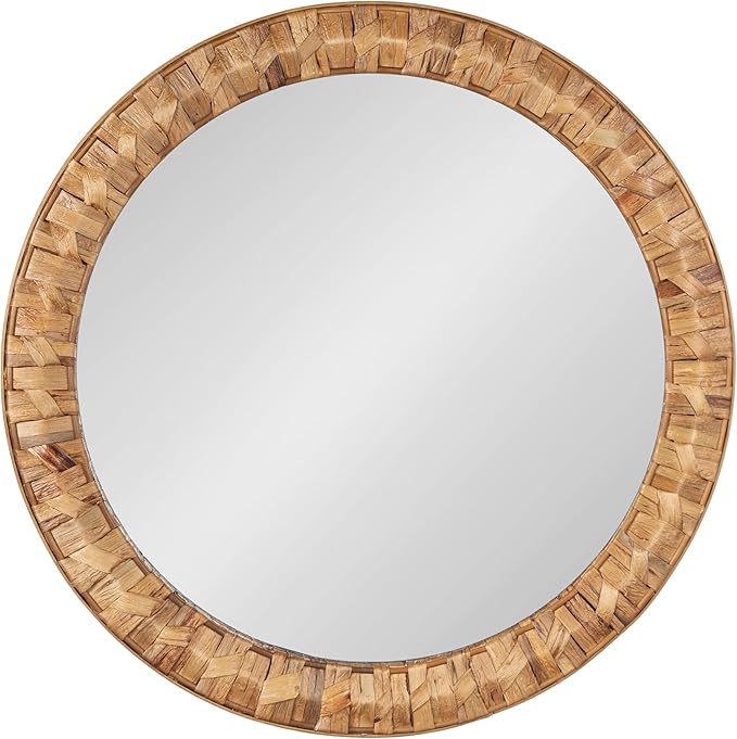 Kate and Laurel Laalima Boho Woven Round Mirror, 26 Inch Diameter, Rustic Brown, Decorative Circle Mirror with Authentic Water Hyacinth Frame for Coastal Mirror Decor