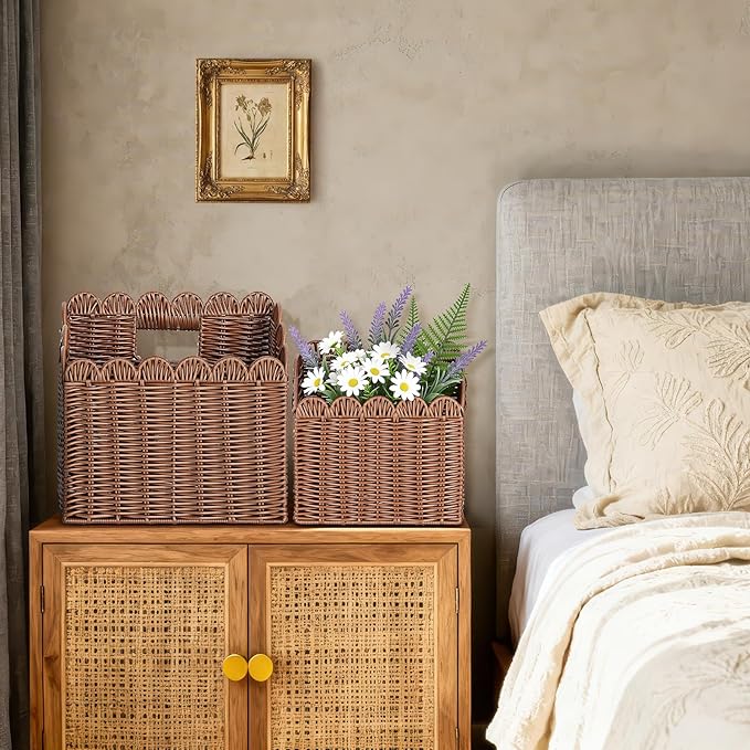 2 Pack Scalloped Wicker Hanging Basket for Organizing Woven Wall Baskets for Front Door Mail Flowers Books Accessories Boho Rustic Farmhouse Wall Decor (Pe Rattan)