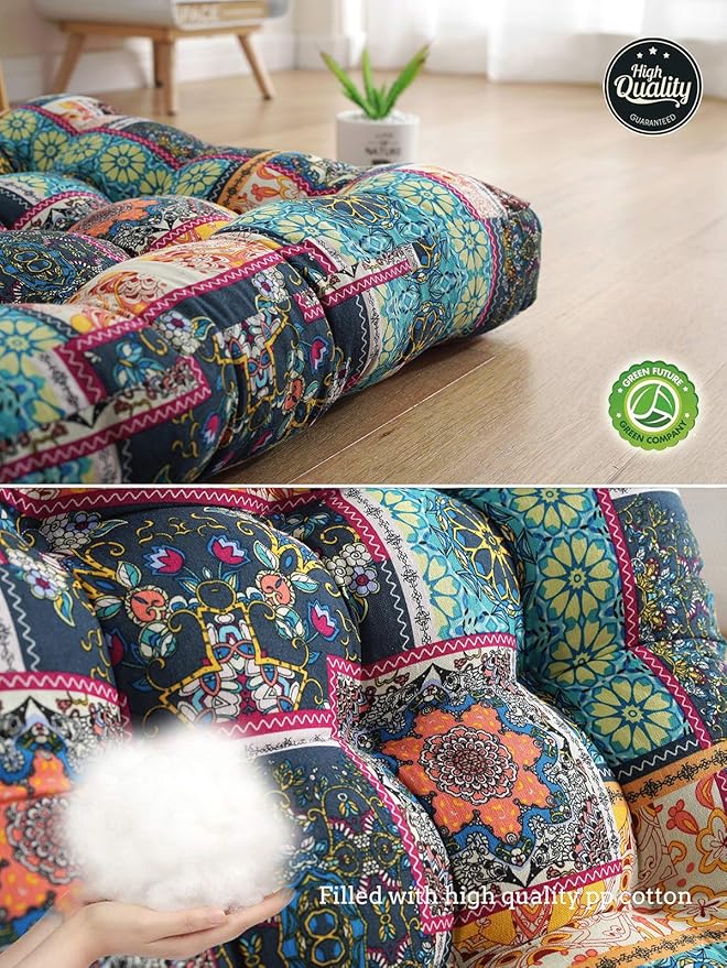 Boho Square Floor Seat Pillows Cushions 22" x 22", Soft Cotton Linen Bohemian Yoga Mandala Meditation Pouf Tatami Floor Pillow Cushion for Living Room Adults & Kids Casual Reading Nooks,Flowers Green