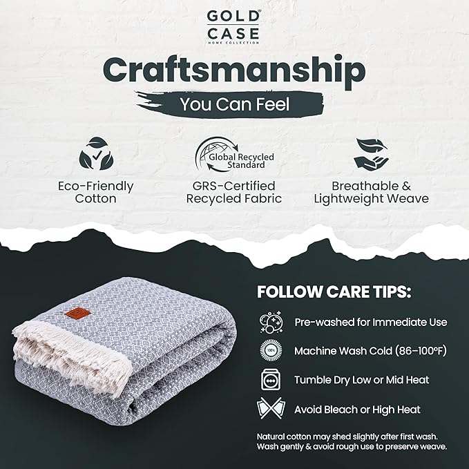 Gold Case Throw Blanket for Bed - 100% Recycled Turkish Cotton Blanket - Retro Lightweight Soft Throw Blankets for Bed & Living Room - Twin Size Cozy Blankets - 71x90 - Grey