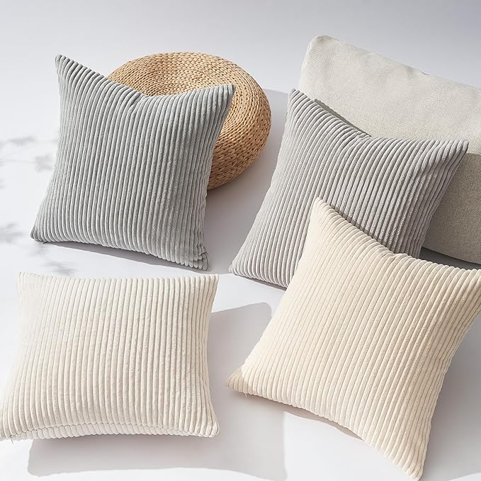 Topfinel 4 Packs Neutral Decorative Throw Pillows Covers 22x22 Inch for Living Room Couch Bed Sofa, Rustic Farmhouse Boho Neutral Home Decor, Soft Plush Striped Corduroy Square Cushion Case 55x55 cm