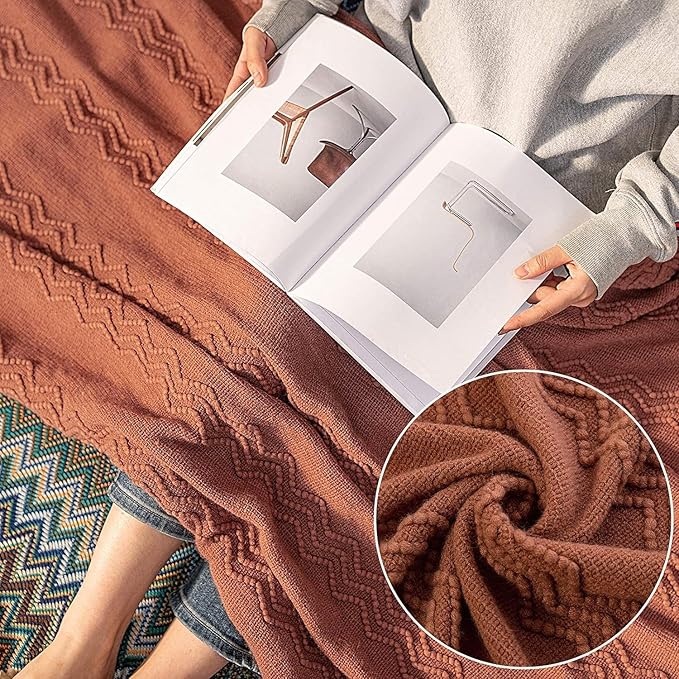MIULEE Orange Knitted Throw Blanket for Couch Boho Terracotta Rust Textured Cozy Woven Blanket with Tassels for Sofa Chair Bed Living Room Acrylic Wave Pattern 60"x80"