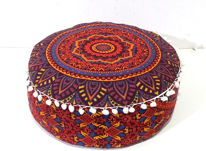 CRAFT KALA Large Hippie Mandala Meditation Floor Ottoman Pillow Cushion Pouf Cover Square Poufs Bohemian Circle Floor Cushion Case Outdoor Fireplace Yoga Living Room Decor Cover New Orange, 24" Round