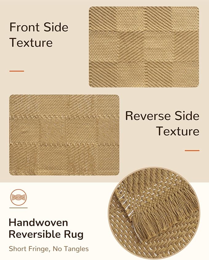 BESTSWEETIE 9'x12' Washable Rug Hand-Woven Low Pile Soft Checkerboard Pattern Reversible Checkered Braided Rugs with Short Fringe Carpet for Living Room Bedroom Dining Room Home Decor - Naturejute