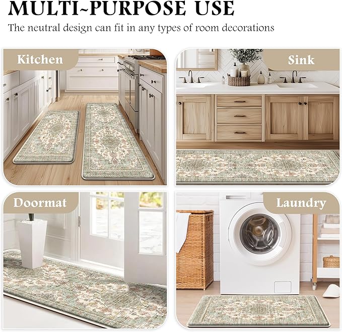 Boho Kitchen Mats for Floor 2 Piece Set Anti Fatigue Cushioned PVC Kitchen Rugs Non Slip Waterproof Farmhouse Mats 2/5 Inch Comfort Standing Mat for Laundry, 17.3"x59"+17.3"x28", Green Orange Beige
