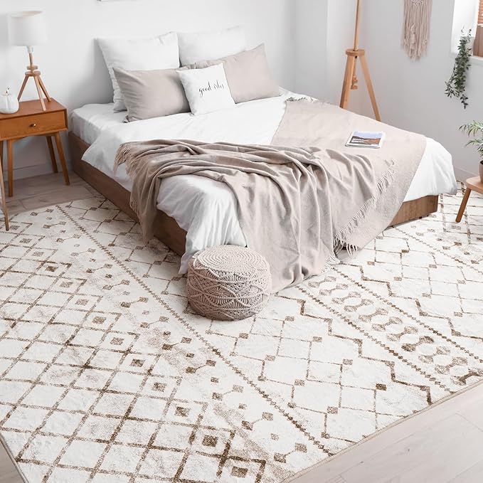 Lessymo Washable Area Rugs 6x9 for Bedroom Living Room Kitchen, Ultra-Soft Faux Wool Geometric Area Rug with Non-Slip Rubber, Kid & Pet Friendly, Geometric Beige