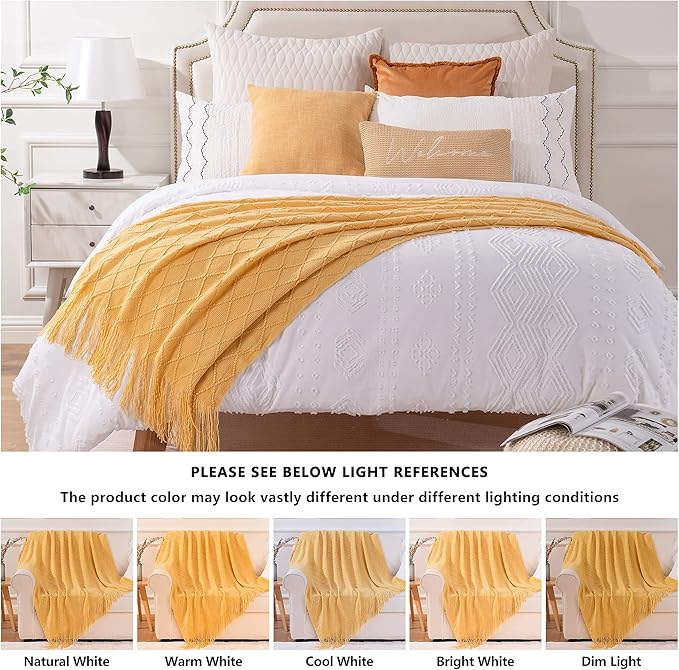 BATTILO HOME Mustard Throw Blanket with Fringe Geometric Bed Gold Yellow Throws Breathable Decorative Large Throw for Couch Sofa Indoor Outdoor (Mustard, 50"x60")