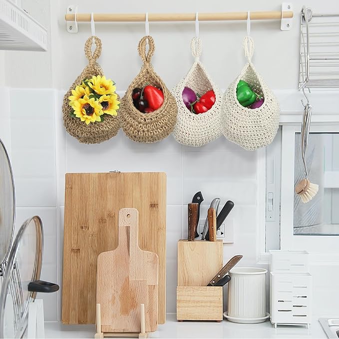 PATIKIL Hanging Fruit Baskets for Kitchen, Medium Size Teardrop Home Decor Storage Hand-Woven Wall Hanging Basket for Garlic Potato Vegetable, Beige