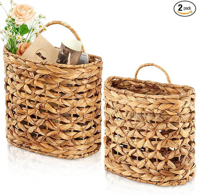 Chunful 2 Pcs Water Hyacinth Hanging Wicker Basket, Natural Wicker Decorative Baskets, Handmade Woven Storage Organizer for House Garden Wedding Wall Decorations, Large & Small Size(Hollow-out)