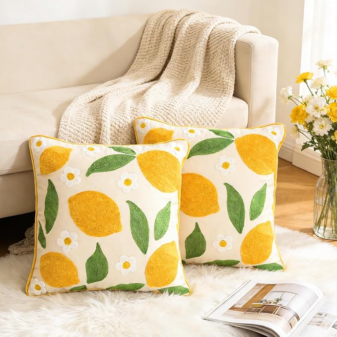 Whaline 2 Pcs Summer Tufted Throw Pillow Covers Embroidered Lemon Daisy Pillow Case Fruit Jacquard Decorative Cushion Case for Living Room Bedroom Couch Sofa Bed Home Decor, 18 x 18 Inch