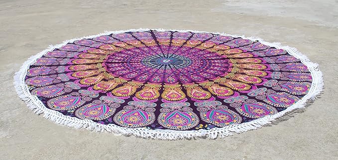 Round Beach Tapestry Turquoise Mandala Throw/Boho Hippie Beach Blanket Roundie/Indian Cotton Bohemian Large Round Table Cloth-Home Decor/Yoga Mat Meditation Picnic Rug (42", Pink And Yellow)