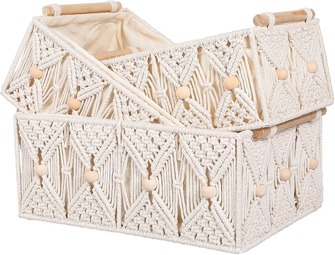 ANMINY 3PCS Macrame Storage Baskets for Organizing Boho Decor Baskets Storage Bins with Wood Handles & Beads Handmade Decorative Storage Boxes with Removable Liner Toilet Tank Bathroom Self Basket