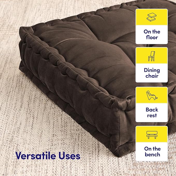 Floor Pillow Large Square Tufted Decorative Cushion 20" x 20" Faux Velvet Fabric Ultra Thick Fill for Kids and Adults, 1 Pack, Coffee Brown