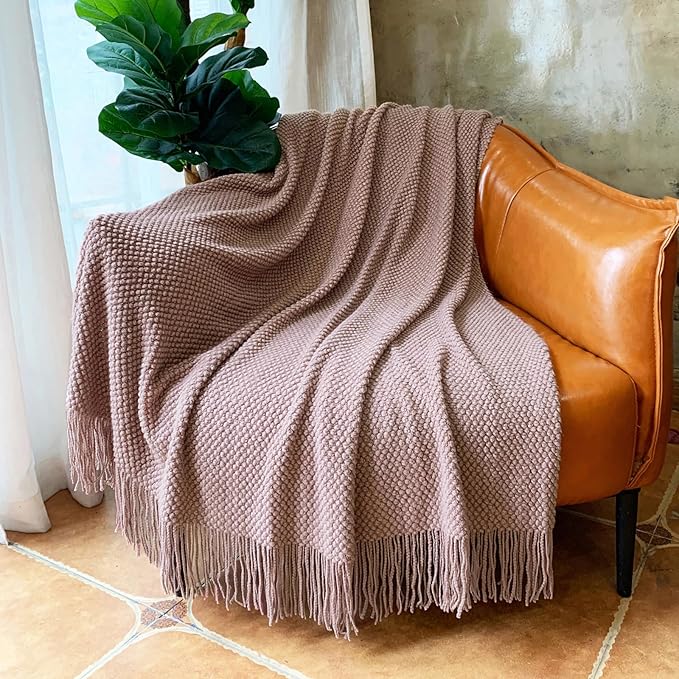 LOMAO Knitted Throw Blanket with Tassels Bubble Textured Lightweight Throws for Couch Cover Home Decor (Brownish Pink, 50x60)
