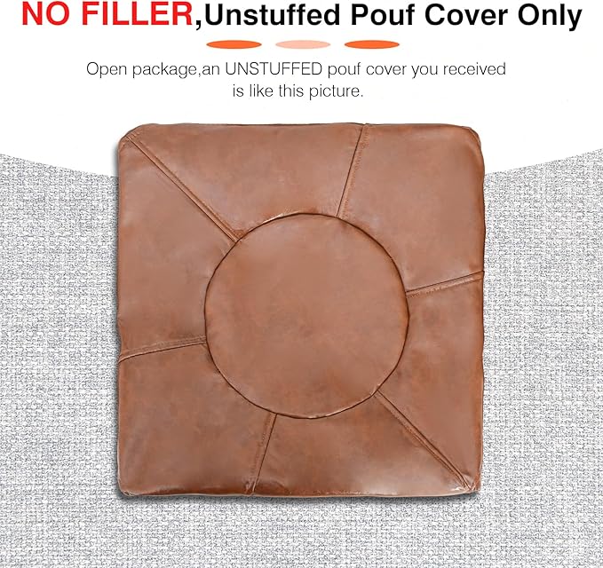 Unstuffed Ottoman Pouf Cover 20 X 15 Inch, Round Pu Leather Foot Stool, Floor Bean Bag(No Filler), Foot Rest with Storage for Living Room/Bedroom/Office, Brown