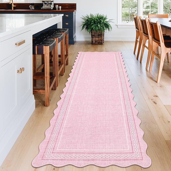 Garvee Scalloped Washable Rugs for Entryway 2x8 Runner Rug Non Slip Kitchen Rugs Indoor Modern Soft Bathroom Runner Rug Low Pile Stain Resistant Carpet for Bedroom Hallway Laundry 2'x8' Pink