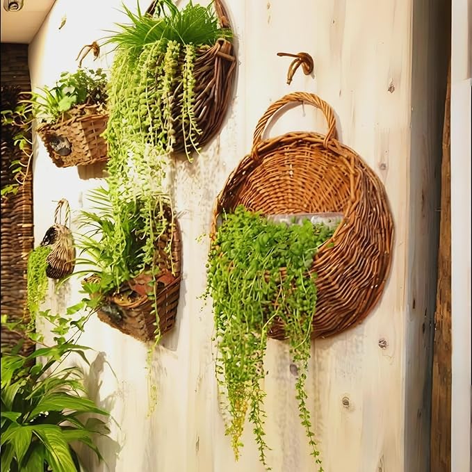 Wall Hanging Flower Basket, Handmade Wicker Hanging Basket for Plant Wall Mount Rattan Chlorophytum Comosum Hanging Basket for Front Door, Home, Garden. (S)