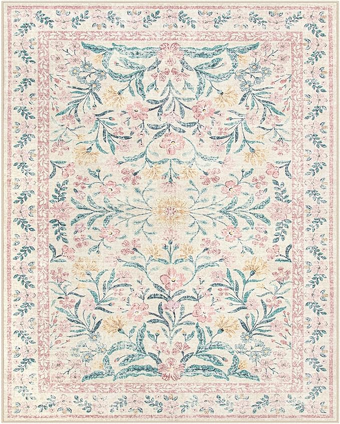 Lahome Sylvie Large Rugs for Living Room, Boho Machine Washable 8x10 Area Rugs Girls Bedroom Decor, Ultra-Thin Soft Distressed Floral Carpets Non Slip for Office Dining Room, Pink/Multi