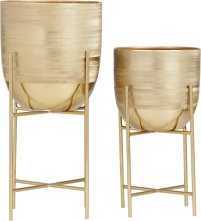 Deco 79 Metal Indoor Outdoor Planter Small Planter Pot with Removable Stand, Set of 2 Planters, 12"H, 9"H, Gold