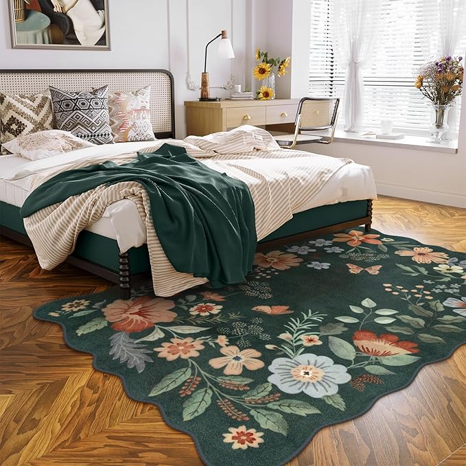 Lahome Floral Washable Living Room Rugs, 5x7 Green Area Rugs for Bedroom ‎‎‎‎Nursery, Ultra-Thin Soft Non-Slip Stain Resistant Boho Throw Carpet for Dining Room Office Flore, Dark Green