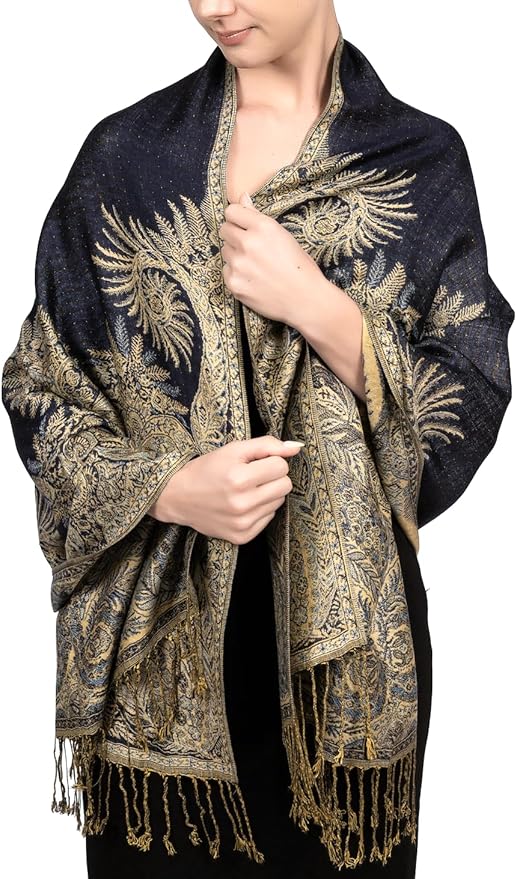 Achillea Reversible Paisley Pashmina Rave Scarf – Exotic Indian Shawls and Wraps for Evening Dresses, Festivals, All Seasons