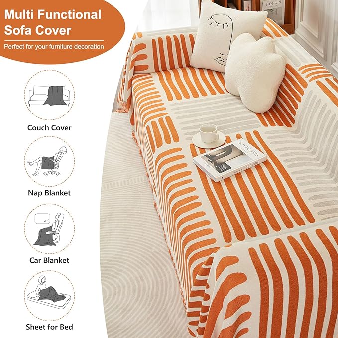 ROOMLIFE Chenille Couch Cover Minimalist Anti-cat Scratch Soft Chenille Sofa Towel Blanket Four Season Use Dust-Proof Sofa Towel Blanket,Pet Furniture Protector, Orange 71"x150"