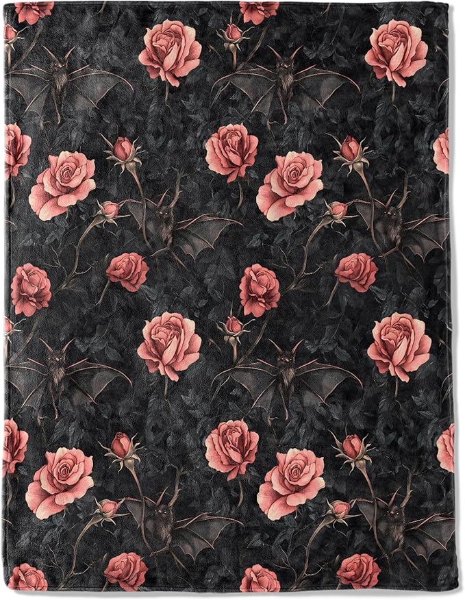 Gothic Bat and Rose Fleece Blanket - Lightweight Soft Cozy Gifts Throw for Goth Lovers, Kids,Women,Dark Romantic Black Blankets,Home Room Modern Halloween Decor 50x60in