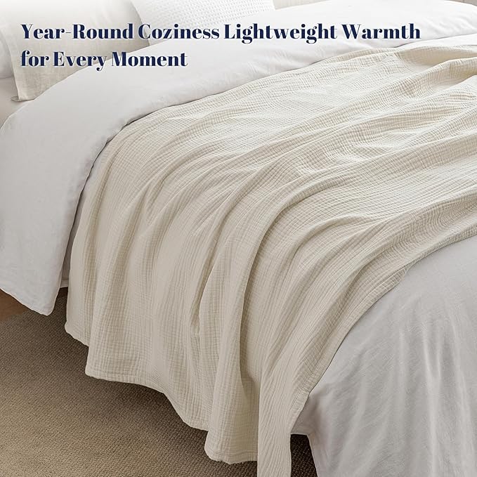 PHF 100% Cotton Muslin Blanket Twin XL Size 66"x90", 4-Layer Lightweight Gauze Throw, Breathable Cloud-Soft Minimalist Blanket for Bed, Couch, Camping & Baby, Oat Milk, Ideal Gift