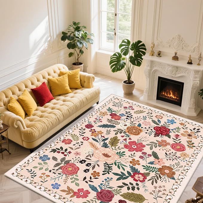 Extra Large 10x14 Area Rug for Living Room, Washable Rugs for Dining Room, Bedroom, Non Slip Stain Resistant Carpet, Low Pile Vintage Floral Rug (Beige Red)