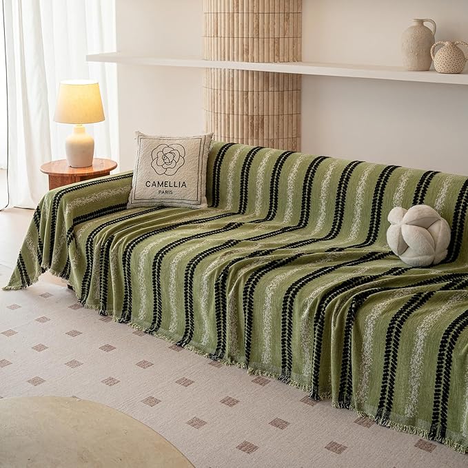 VClife Chenille Sofa Cover Bohemian Striped Pattern Couch Cover for 3 Cushion Sofa - Sage Green Black Textured Sofa Slipcover Washable Furniture Protector for Couch Decorative Couch Cushion Cover