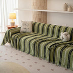 VClife Chenille Sofa Cover Bohemian Striped Pattern Couch Cover for 2 Cushion Sofa - Sage Green Black Textured Sofa Slipcover Washable Furniture Protector for Couch Decorative Couch Cushion Cover