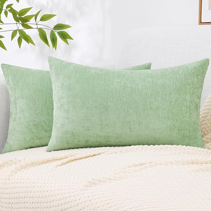 decorUhome Chenille Sage Green Spring Throw Pillow Covers 12x20 Inch Set of 2, Decorative Soft Couch Pillow Covers Solid Dyed Accent Farmhouse Neutral Rectangle Pillow Cases for Sofa