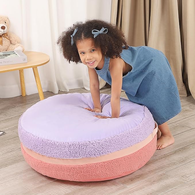 Macaron Bean Bag Chair for Kids and Teens, Medium Bean Bag Sofa with Memory Foam Filling, 27.5"×27.5"×13.5", Purple and Red